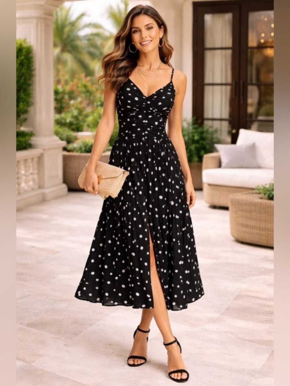 LOFT Polka Dot Midi Dress Black White Ruched Tiered Size 12 Coquette